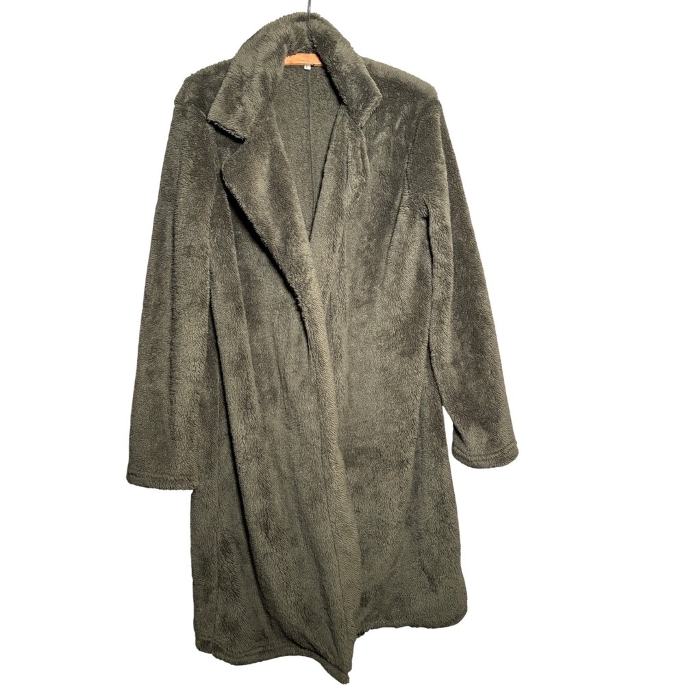 Womens L Olive Green Teddy Fleece Longline Coat Open‎ Front Fuzzy Jacket Cozy